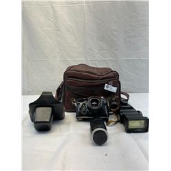 Nice Vintage Camera With Flash And Lens In Camera Bag, Zenit EM