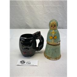 1951 Chafford Black Cat Mug And Hand Made Wood Matryoshka Doll Bottle Holder With Empty Vodka Bottle