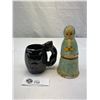 Image 1 : 1951 Chafford Black Cat Mug And Hand Made Wood Matryoshka Doll Bottle Holder With Empty Vodka Bottle