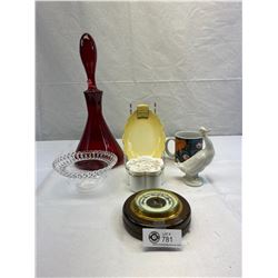 Nice Vintage Home Décor Lot, Amberina Flask With Stopper, Barometer, Etc.