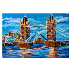 Yana Rafael, "London Drawbridge" Hand Signed Original Painting on Canvas with COA.