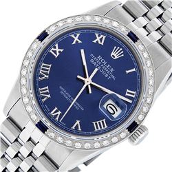 Rolex Mens Stainless Steel Blue Roman Diamond & Sapphire 36MM Datejust Wristwatc