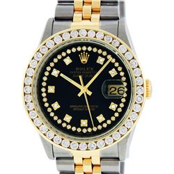 Rolex Mens 2 Tone Black String VS 3 ctw Channel Set Diamond Datejust Wristwatch