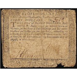 August 14, 1776 $8 Maryland Colonial Currency Note