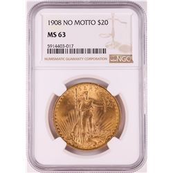 1908 No Motto $20 St. Gaudens Double Eagle Gold Coin NGC MS63
