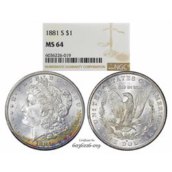 1881-S $1 Morgan Silver Dollar Coin NGC MS64 Amazing Toning