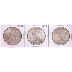 Lot of (3) 1922 $1 Peace Silver Dollar Coins