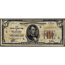 1929 $5 Federal Reserve Bank Note Philadelphia