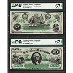 Low Serial Set 1872 $20 & $50 South Carolina Obsolete Notes PMG Superb Gem Unc. 67EPQ