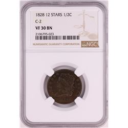 1828 12 Stars C-2 Classic Head Half Cent Coin NGC VF30 BN