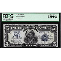 1899 $5 Indian Chief Silver Certificate Note Fr.279 PCGS Very Fine 35PPQ