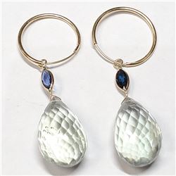 10K Yellow Gold Natural Amethyst(21ct) Natural Sapphire Briolette, Mrquise Cut Earrings (~weight 5g)