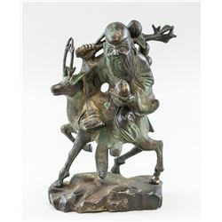 Chinese Bronze Shou Xing Seated on Deer