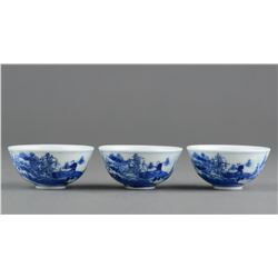 Three Pieces Small Blue and White Porcelain Cups