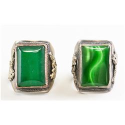 Chinese Green Stone Ring Pair