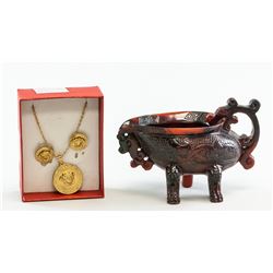 Gilt Necklace, Earring and Plastic Dragon Cup