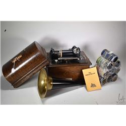 Antique oak cased Edison Standard portable phonograph complete with trumpet and lidded case plus ten