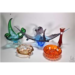 Five pieces of vintage coloured art glass including blue fading to purple dish 24" in length etc.
