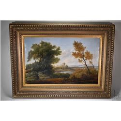 Antique framed oil on canvas painting of a landscape with castle, no artist signature seen, 16" X 25