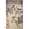 Image 2 : Three framed etched prints including a horse auction scene, a horse breaking scene and a cart horse 