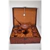 Image 1 : Purple clay teapot and six cups in fitted wooden presentation box