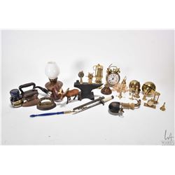 Tray lot of vintage collectibles including brass miniatures, small lamps, oiler, ink, anvil, pipes,