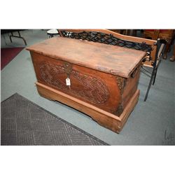 Distressed finish lift lid chest with hand hammered hardware and decoration and carved front panel 2