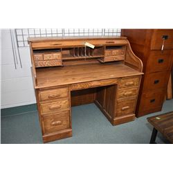 Modern S bend oak roll top double pedestal desk with fitted interior made by Oak Craft