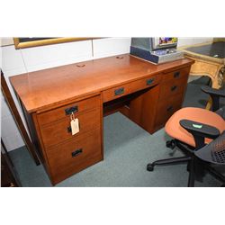 Modern Mission style double pedestal computer desk set up for tower storage, keyboards etc. 66" wide