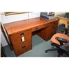 Image 1 : Modern Mission style double pedestal computer desk set up for tower storage, keyboards etc. 66" wide