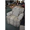 Image 1 : Two country style upholstered parlour chairs made by C.R. Lane plus one foot stool