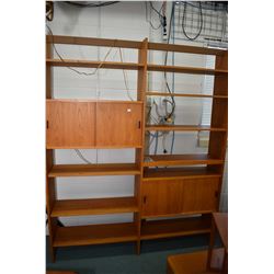 Mid century modern teak veneered wall unit with adjustable shelves and two double door sections