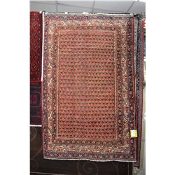 100% handmade Mir area carpet with overall geometric design, red background and multiple borders in 