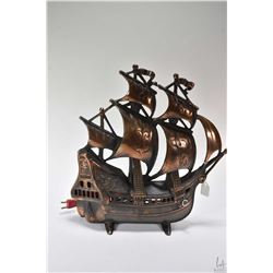 Vintage heavy cast metal tall ship motif table lamp