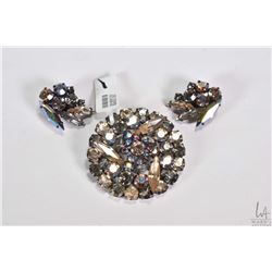 Vintage signed Sherman champagne and grey aurora borealis round brooch and matching earrings