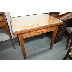 Student's vintage single drawer writing desk with glass top protector