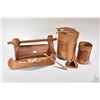 Image 1 : Selection of birch bark items including small canoe with paddle, small tepee, basket, and two vessel