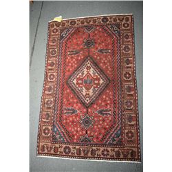 100% handmade Abadeh throw carpet with center medallion, red background, blue, tan, orange highlight