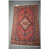 Image 1 : 100% handmade Abadeh throw carpet with center medallion, red background, blue, tan, orange highlight
