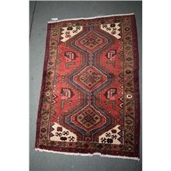 100% handmade wool Zanjan throw rug with triple medallion, red background and highlights of green, b