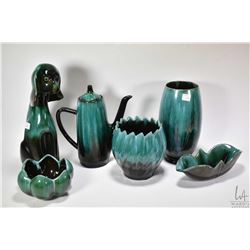 Six pieces of vintage Blue Mountain pottery including 13" dog, two flower vases, lidded coffee pot, 