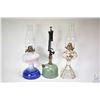 Image 1 : Two vintage oil lamps including one colourless and one blue and white plus one lantern