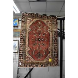 100% handmade wool carpet Hamdan with floral design, red background and highlights of gold, cream et