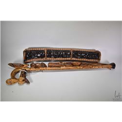 Ebony wood figural totem with three figures on each side 28 1/2" in height and heavily carved wooden