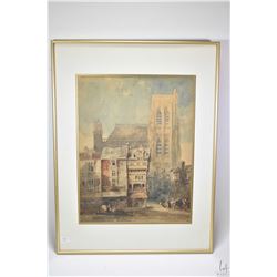 Framed watercolour painting of European cathedral, no artist signature seen, 17" X 13"