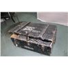 Image 1 : Antique wooden chest with hinged lid top and metal hardware with contents including lamps and tool h