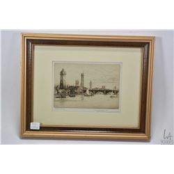 Three framed vintage etchings including "The Venetian Fruit Seller", "University College, Gower St. 
