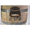 Image 2 : Antique metal bound oak barrel 17" in height with attached handles branded CPR