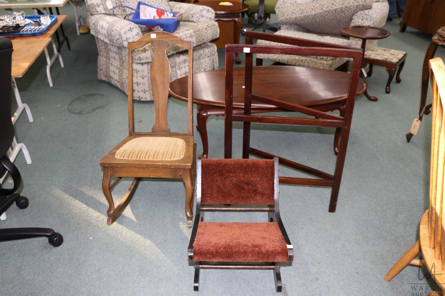 Selection of vintage furniture including drying rack, a small nursing ...