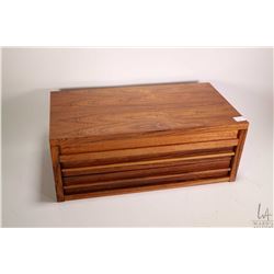 Mid century solid wood two drawer jewellery dresser box with flip up lid, flocked interior with ring